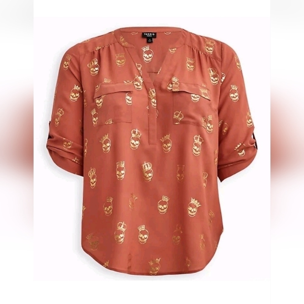 TORRID Rust Harper Pullover Georgette Blouse Gold Foil Skulls, Plus Size 1 - Picture 4 of 11